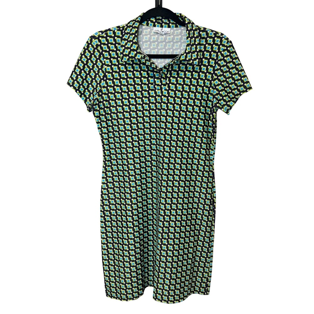 Jude Connally Short Sleeve Polo Dress Geometric Print Green Black Size Small